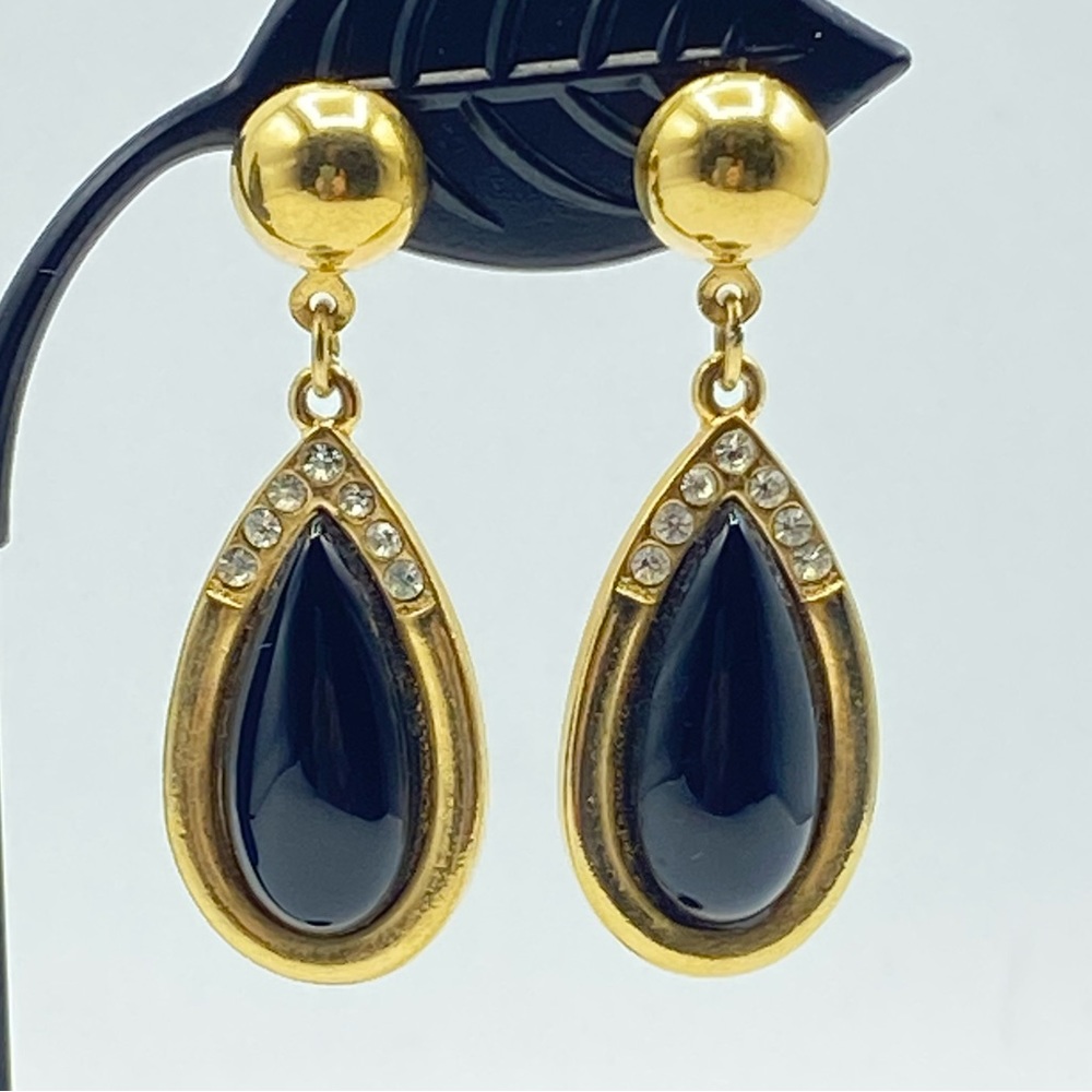 Vintage Gold Tone Black Glass Rhinestone Cabochon Drop Earrings Mourning Pierced